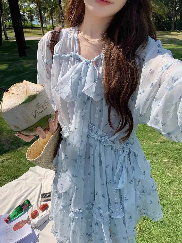 deanwangkt Fairycore Cute Floral Blue Lolita Dress Women Kawaii Japanese Style Sweet Ruffles Long Puff Sleeve Mini Dresses Autumn - Deanwangkt