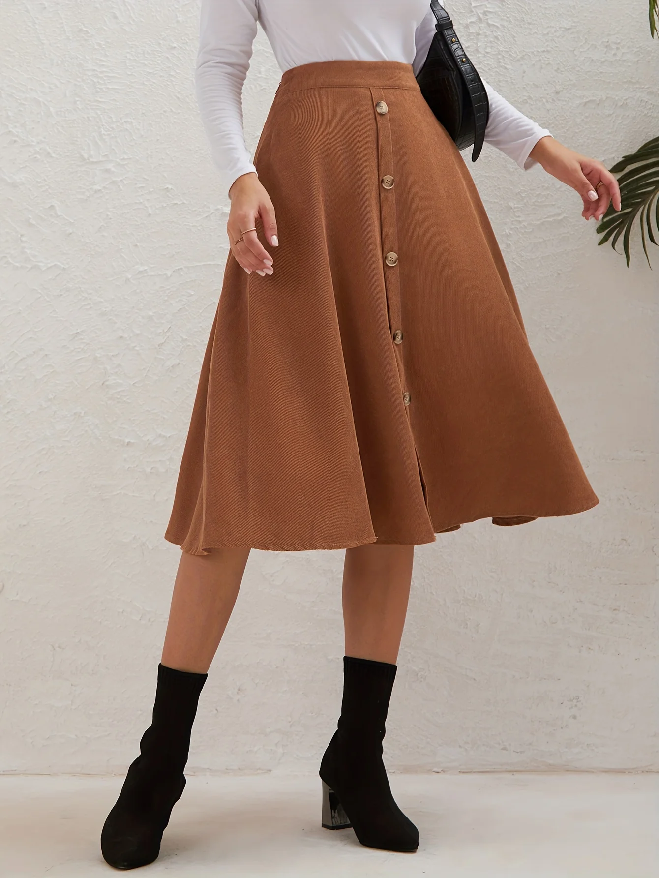 deanwangkt-1 Casual Faux Suede Long Skirts, High Waist Button Fashion Skirts, Women's Clothing - Deanwangkt