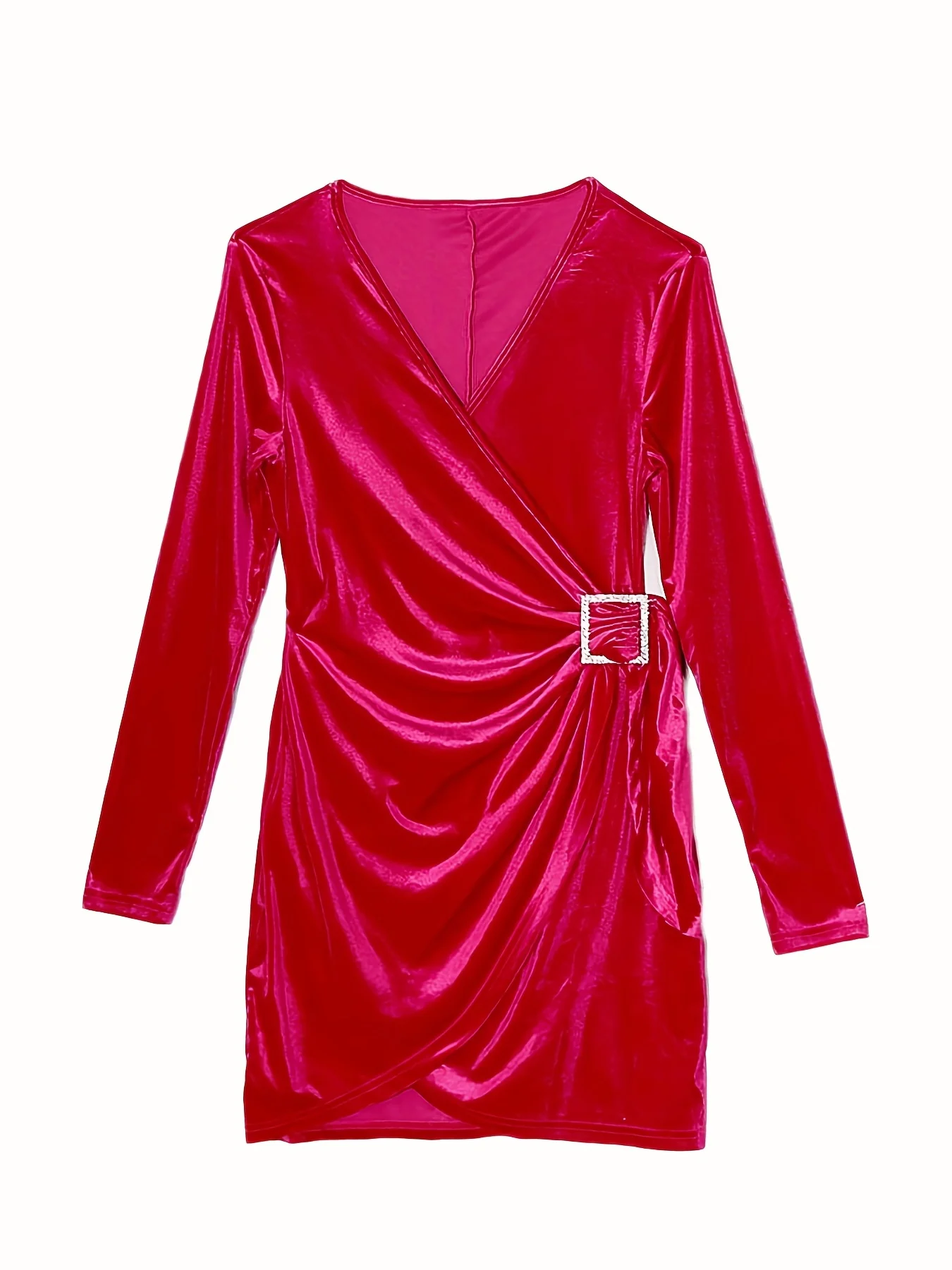 deanwangkt-1 Solid Plunging Wrap Dres, Sexy Long Sleeve Bodycon Party Club Dress, Women's Clothing - Deanwangkt