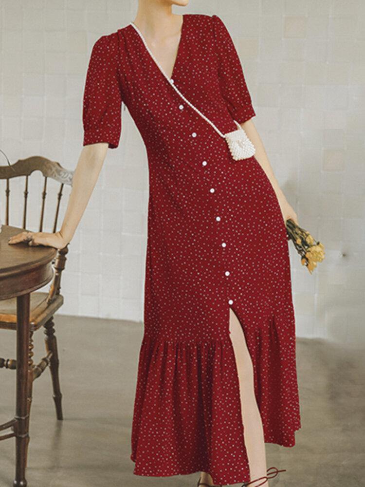 deanwangkt Polka Dot Print V-neck Short Sleeve Buttons Summer Beach Holiday Shirt Dress - Deanwangkt