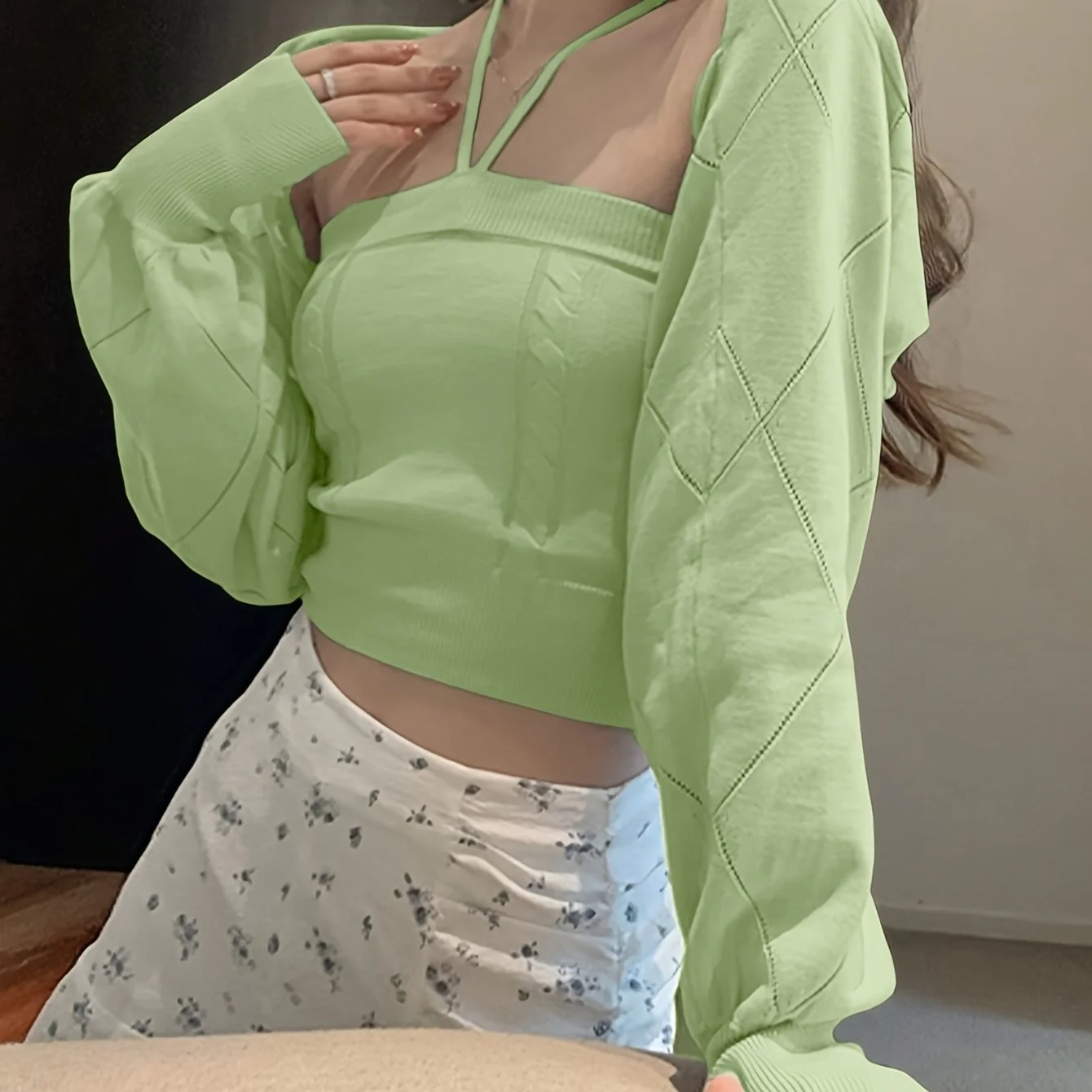 deanwangkt  Y2K Solid Two-piece Set, Sleeveless Halter Cami Top & Crop Shawl Sweater Top Outfits, Women's Clothing - Deanwangkt