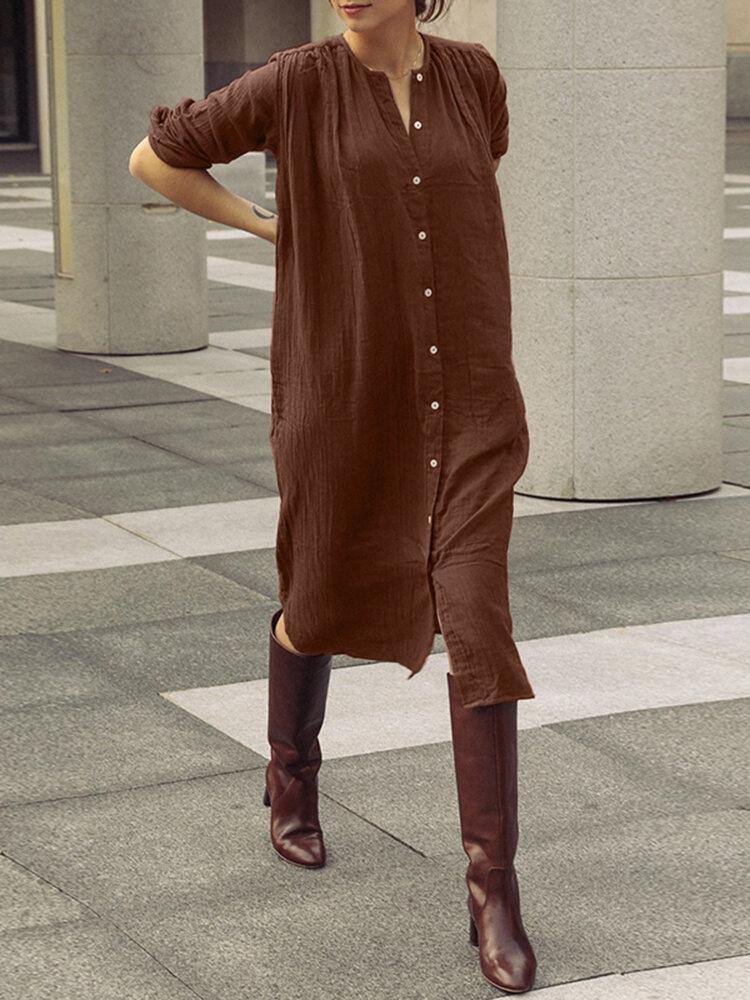 deanwangkt Casual Solid Plain Long Sleeve Button Cotton Shirt Dress - Deanwangkt