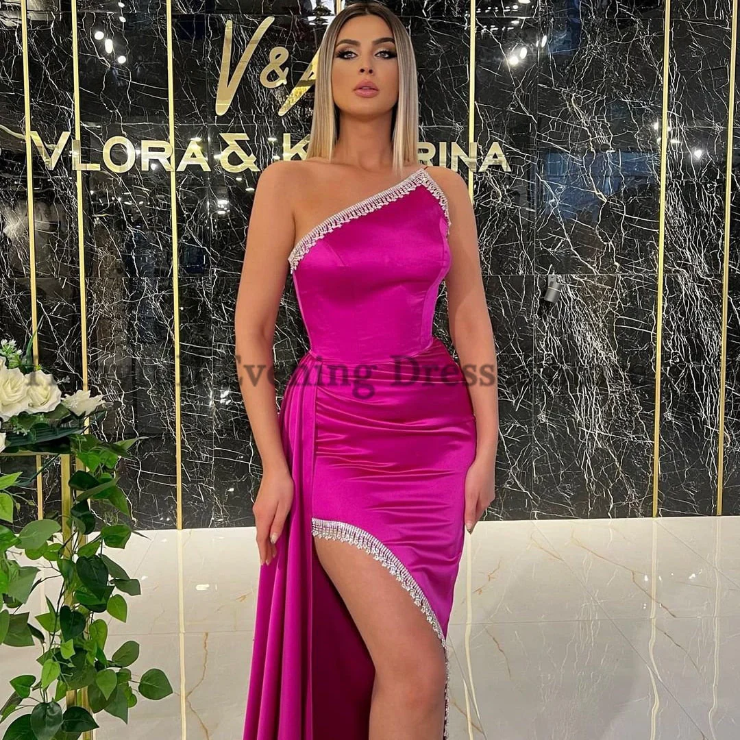 Sexy Prom Dresses One Shoulder Mermaid Evening Dress  Tassel High Split Saudi Arabia Cocktail Party Gown Plus Size - Deanwangkt