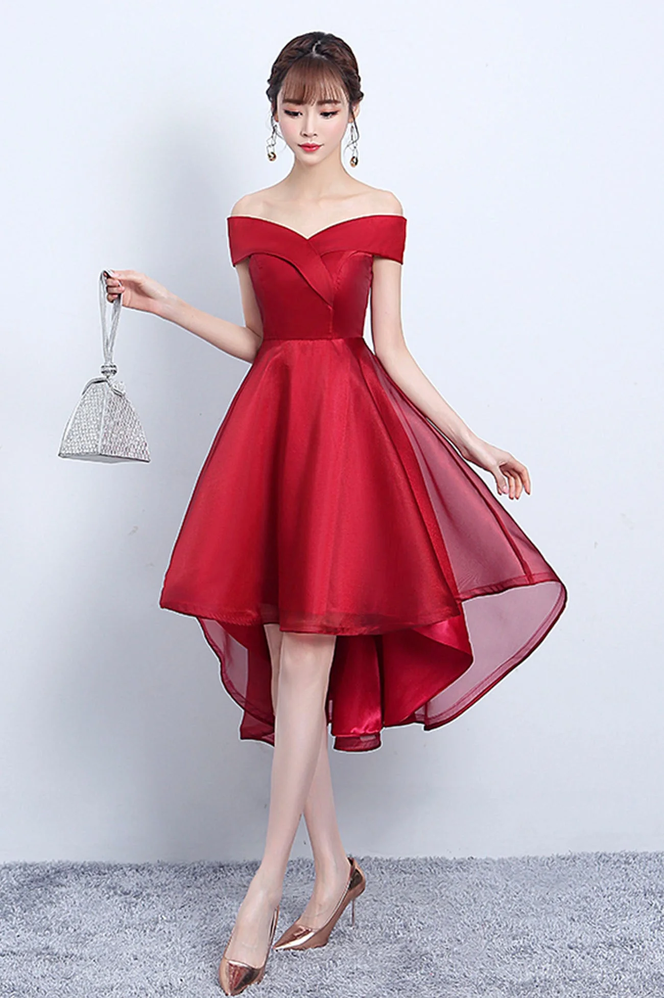 solvbao Red V-Neck Tulle High Low Prom Dress, Off the Shoulder Party Dress - Deanwangkt