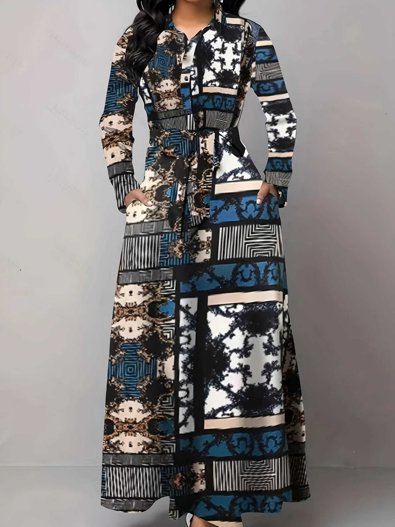 Plus Size Casual Dress, Women's Plus Geometric Print Button Up Long Sleeve Turn Down Collar Maxi Shirt Dress With Pockets - Deanwangkt