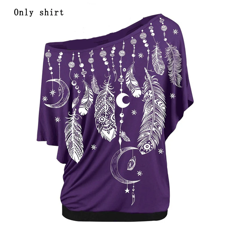 deanwangkt Women Shirts Blouses Summer  Feather Print One Shoulder Top Casual Ladies Sexy Tops Skew Neck Shirts Blouse - Deanwangkt