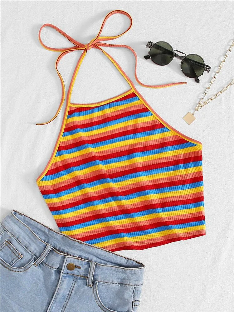 deanwangkt Rainbow Striped Rib Knit Crop Top Women Summer Y2K Clothes High Street Harajuku Backless Sleeveless Halter Cami Top - Deanwangkt
