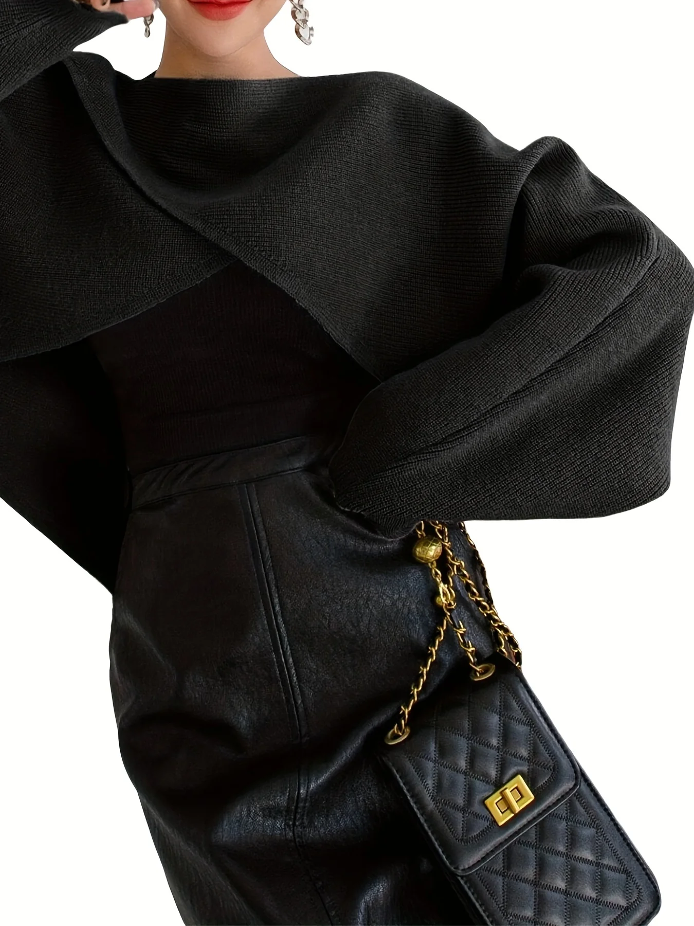 deanwangkt-1  Solid Cross Front Crop Sweater, Elegant Batwing Sleeve Sweater For Spring & Fall, Women's Clothing - Deanwangkt