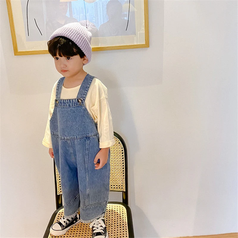 deanwangkt  New Children Loose Overalls boys girls casual all-match denim Trousers Autumn Solid Outwear 1-7Y Kids fashion bib pants - Deanwangkt