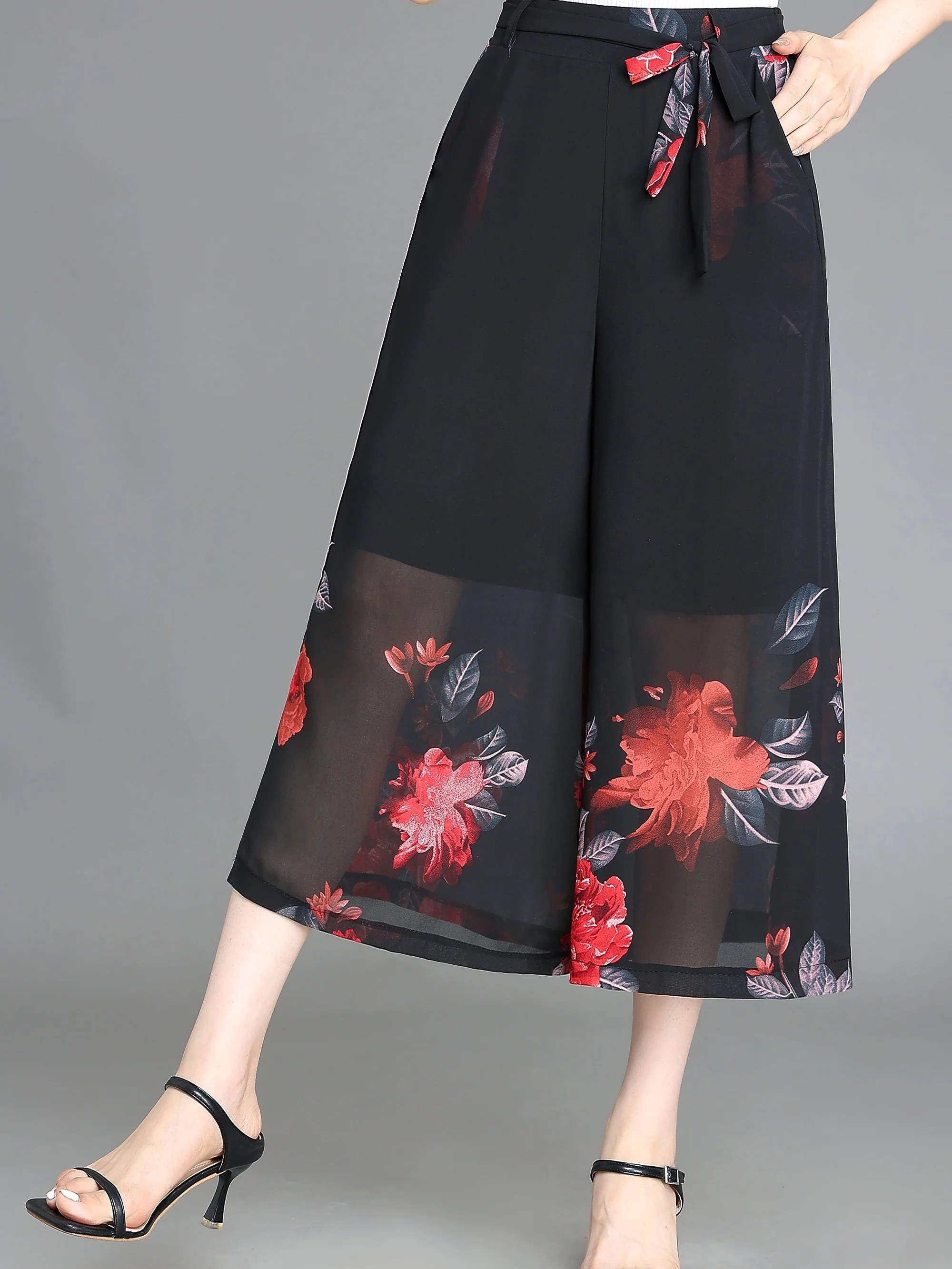 Floral Pattern Chiffon Cropped Wide Leg Pants, Casual Belted Pants For Spring & Summer, Women's Clothing - Deanwangkt