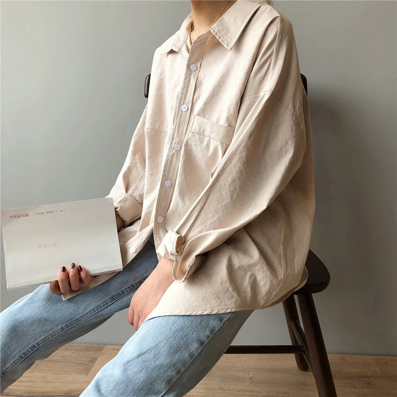 deanwangkt Minimalist Loose White Shirts for Women Turn-down Collar Solid Female Shirts Tops Spring Summer Blouses - Deanwangkt