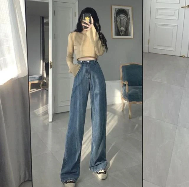 New Light Blue Jeans For Women Washed Retro High Waist Straight Long Loose Wide Leg Jeans Women trousers streetwear pants - Deanwangkt
