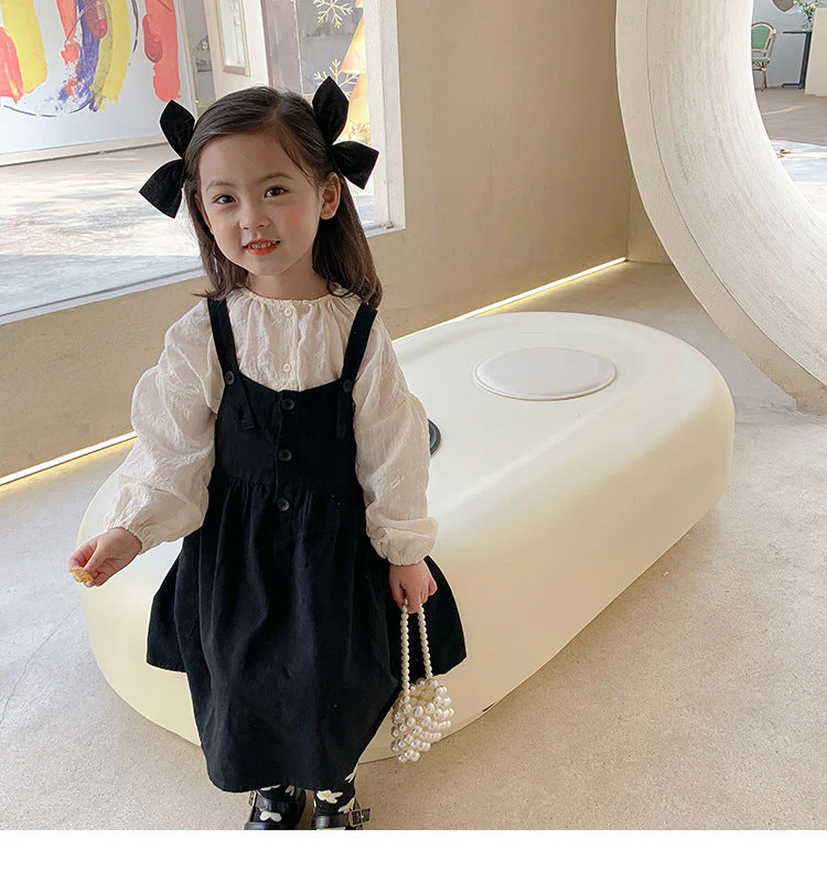 deanwangkt Girls spring fashion white blouse and black overalls dress Kids all-match Outfits 2pcs sets - Deanwangkt