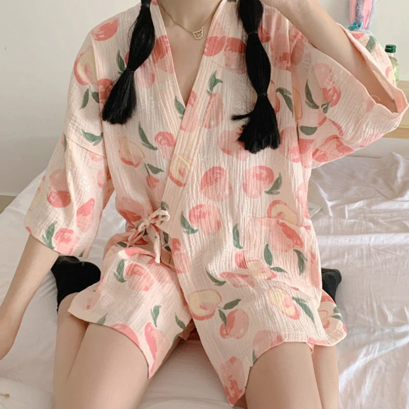 deanwangkt Pink Pajama Sets Women Sweet Casual Simple Design Stylish Japanese Style Lace-up Print Summer Home Lounge Wear Cozy Breathable - Deanwangkt