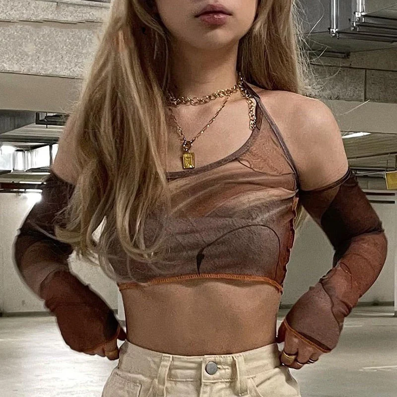 deanwangkt 90s Women Aesthetic Brown Corset Top Vintage Crop Top Y2k Grunge Kawaii With Glove Fashion Sweats Summer Sexy Camis Korean Style - Deanwangkt