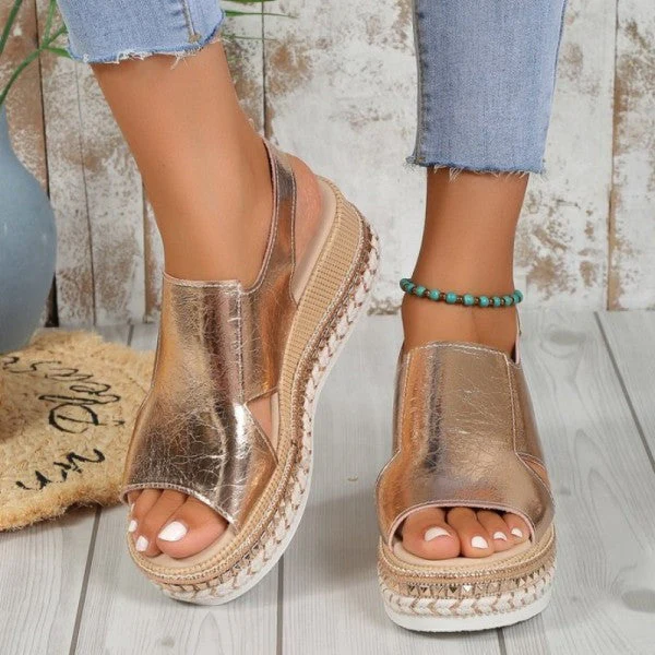 deanwangkt - Gold Casual Hollowed Out Patchwork Fish Mouth Out Door Wedges Shoes (Heel Height 1.97in) - Deanwangkt