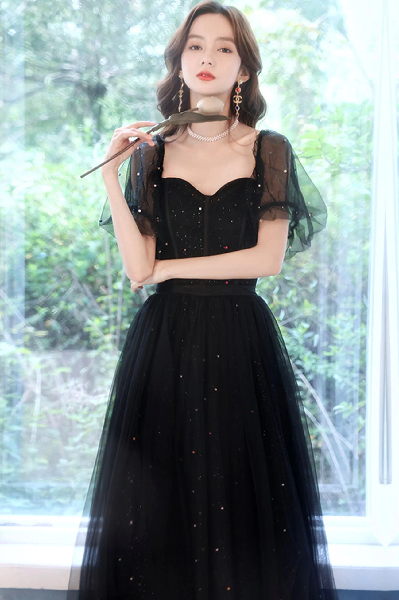 solvbao Black Tulle Long A-Line Prom Dress, Black Party Dress with Sequins - Deanwangkt