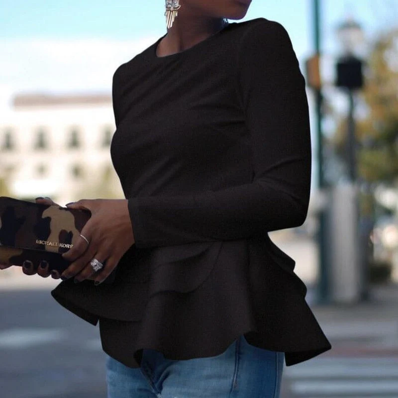 Wenkouban Long Sleeve White Ruffle Hem T-Shirt Autumn Women Tops Office Lady Winter Casual Peplum Tops Elegant Black Red Female New Tees - Deanwangkt