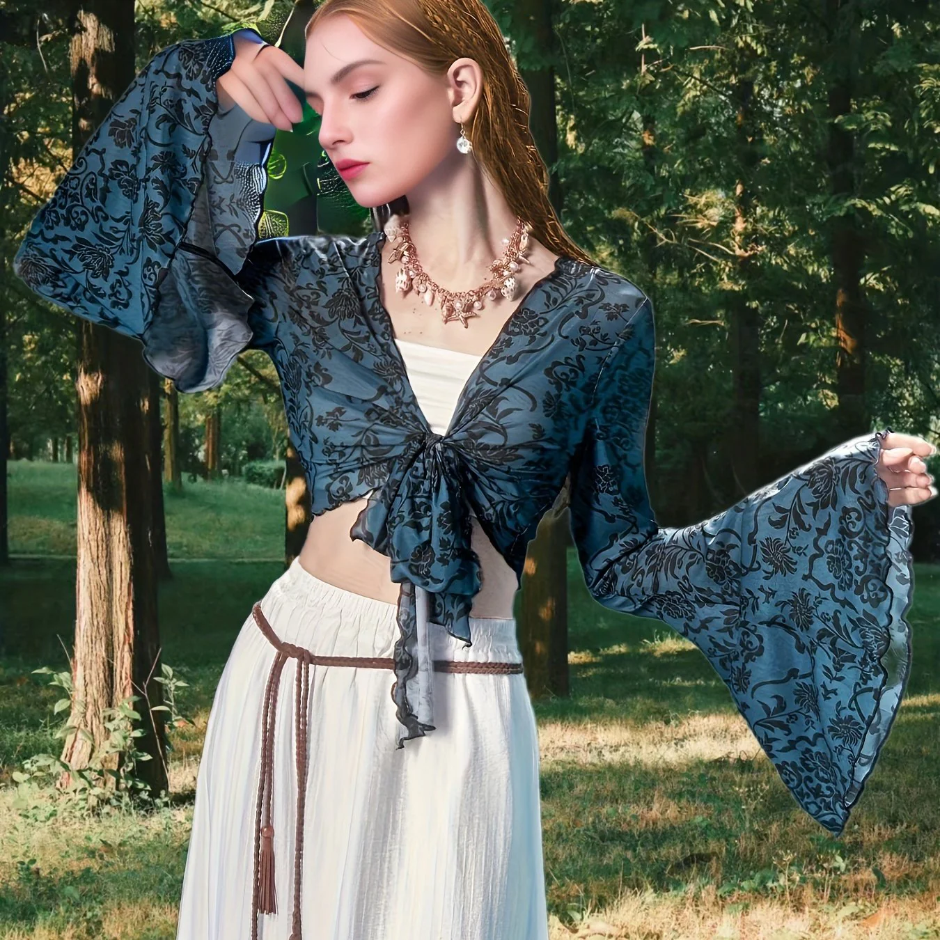 deanwangkt-1 Floral Pattern Tie Front Crop Top, Casual Long Sleeve Top For Spring & Summer, Women's Clothing - Deanwangkt