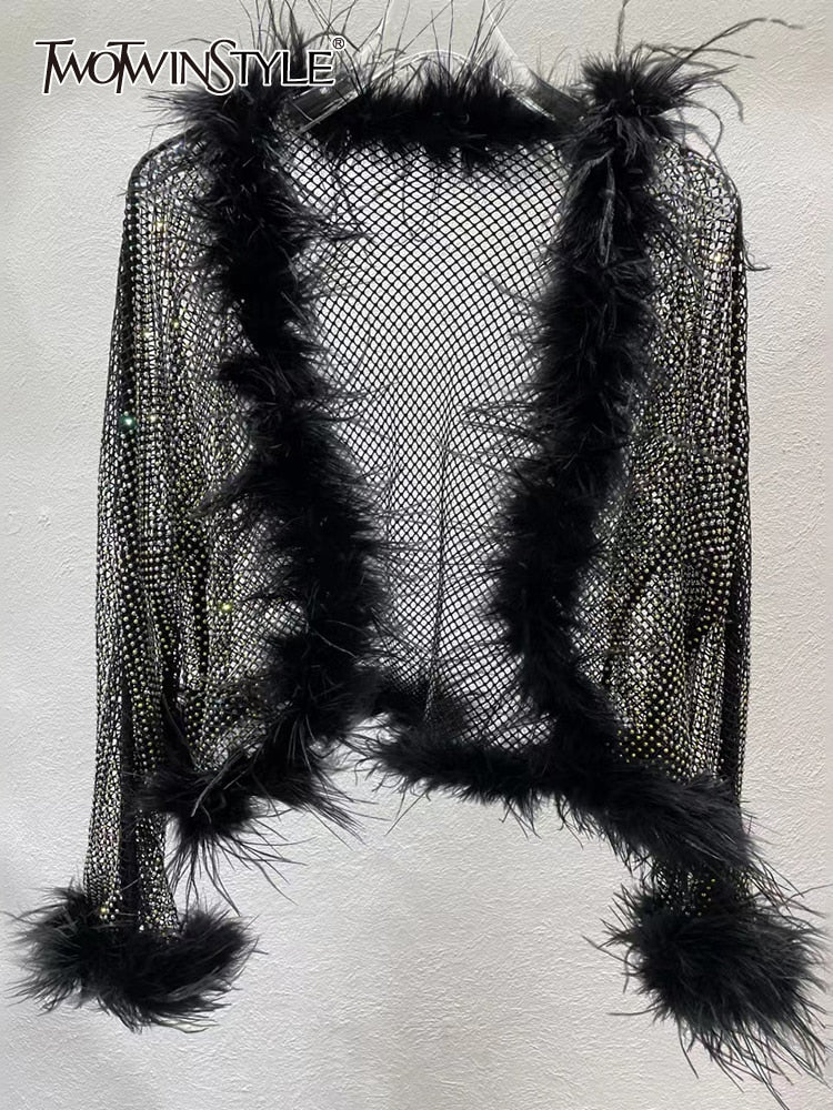 deanwangkt Sexy Diamonds Feathers Tassels Shirt For Women V Neck Long Sleeve Slim Open Stitch Blouses Female Autumn Clothing - Deanwangkt