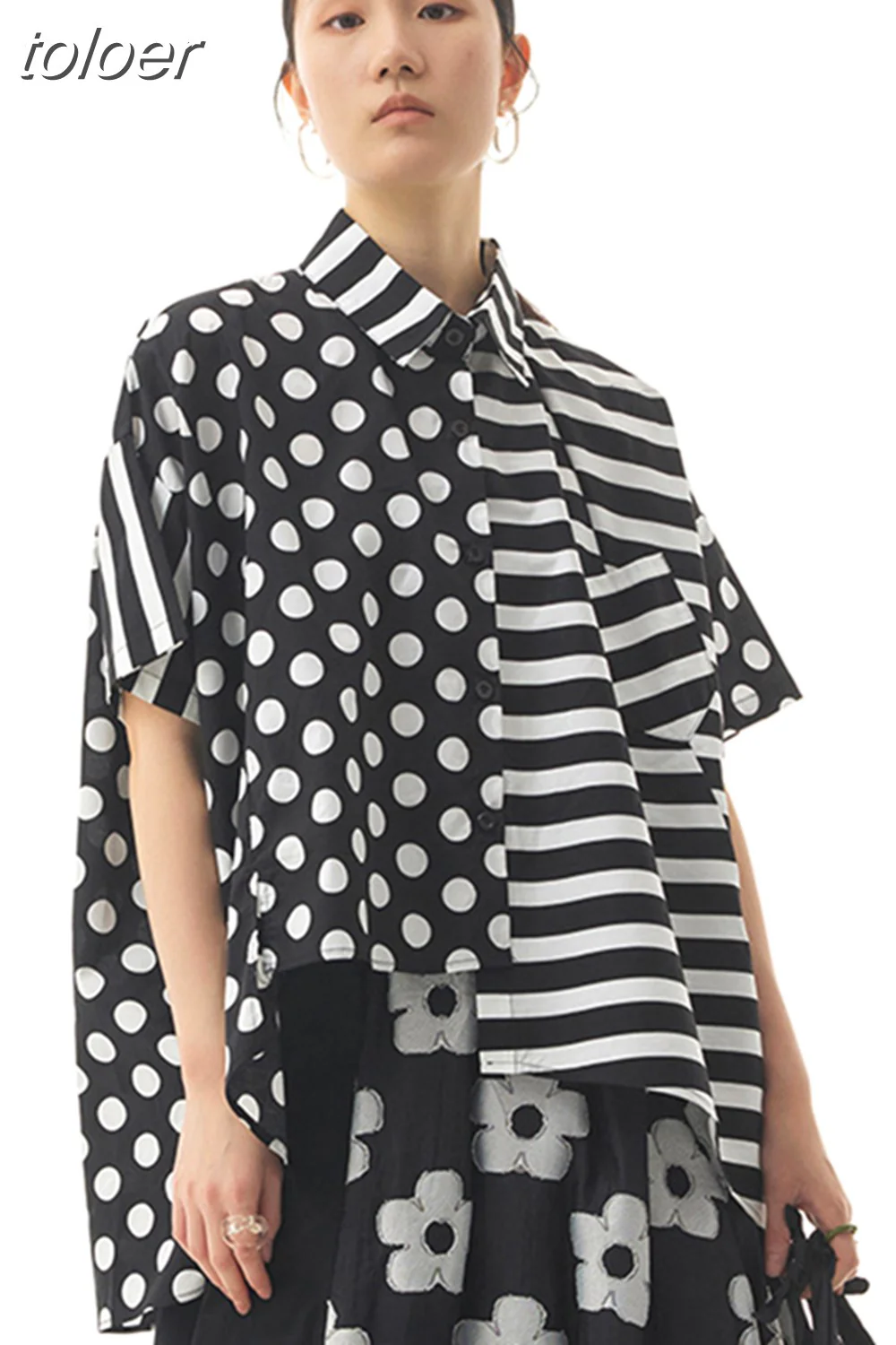 deanwangkt Print Colorblock Shirt For Women Lapel Short Sleeve Irregular Hem Patchwork Blouses Female  Summer Clothing Style - Deanwangkt