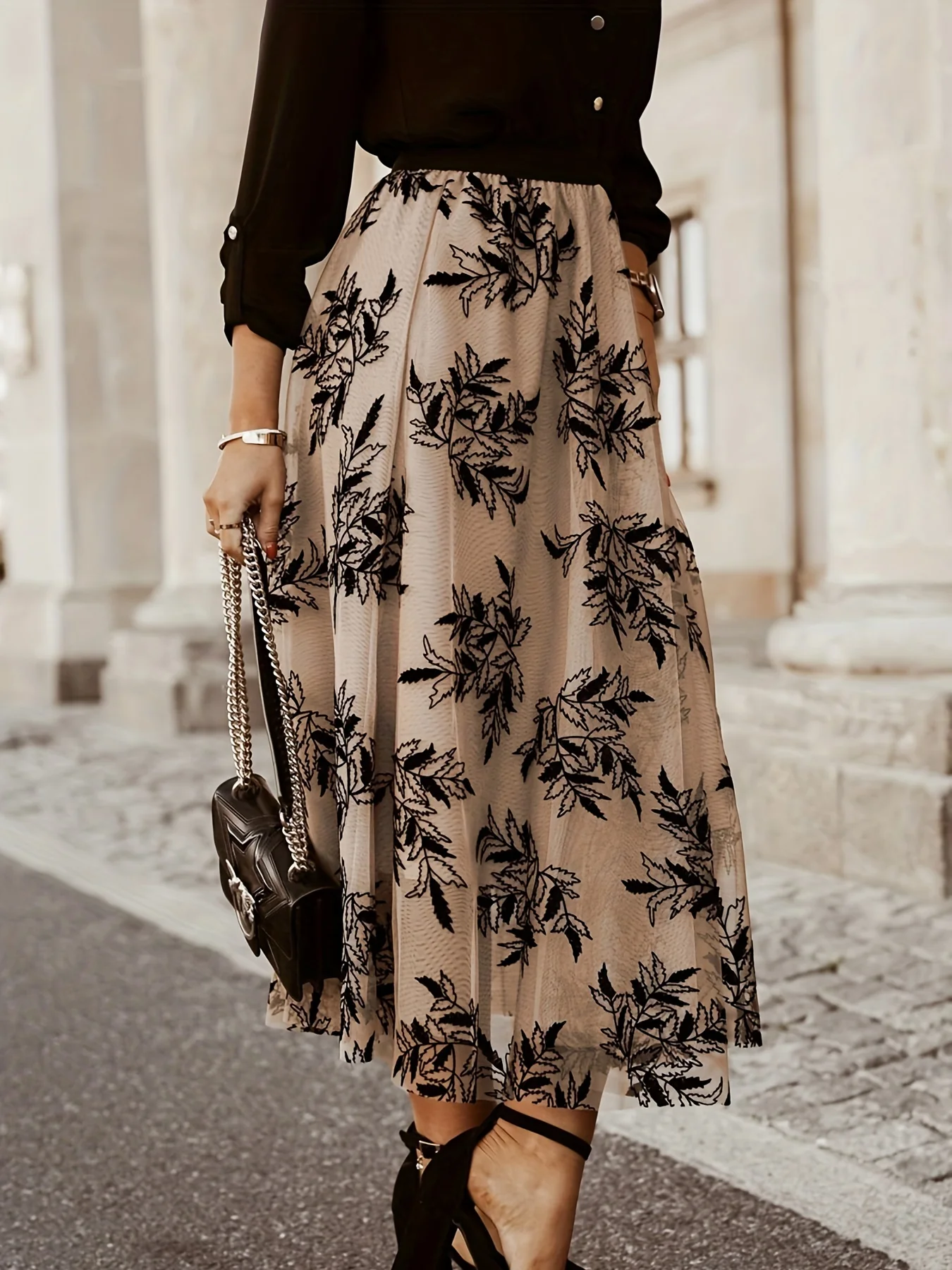 deanwangkt-1 Leaves Pattern Maxi Skirt, Random Print High Waist Elegant Casual Skirt, Women's Clothing - Deanwangkt