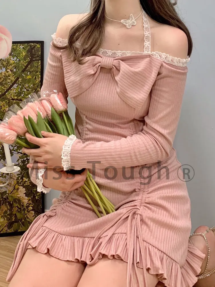 deanwangkt Korean Style Party Mini Dresses Women Japanese Off Shoulder Sexy Kawaii Dress Female Long Sleeve Lace Kawaii Lolita Dress Autumn - Deanwangkt