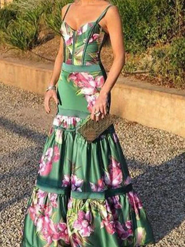 deanwangkt Floral Print Mermaid Dress Women Tunic Long Beach Cover Up Maxi Beach Wear Pareos De Playa Mujer Women Elegant Party Dress - Deanwangkt