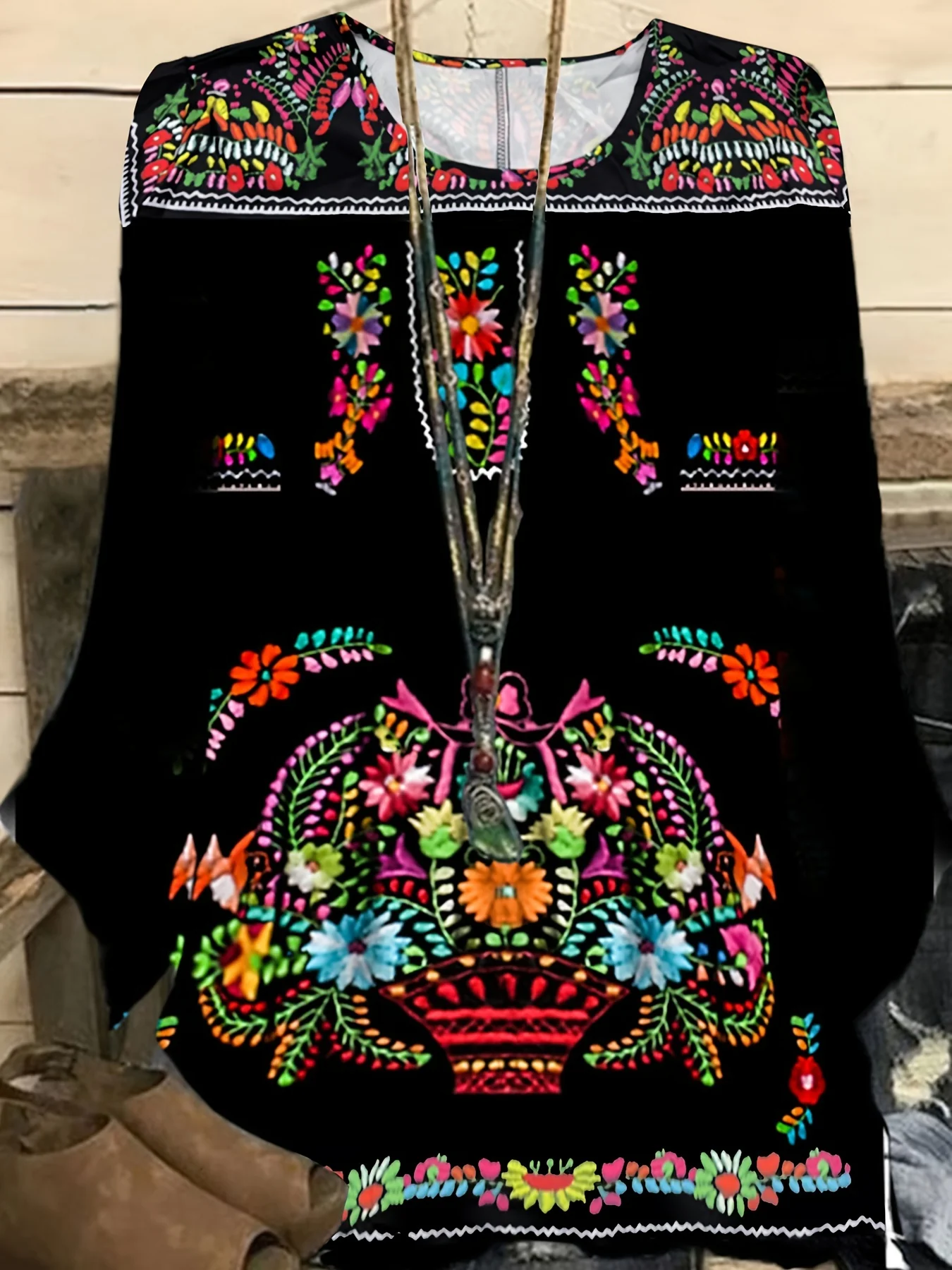 Plus Size Boho Blouse, Women's Plus Tribal Print Long Sleeve Round Neck Asymmetrical Hem T-shirt - Deanwangkt