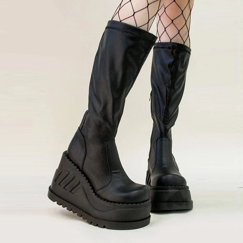 DEANWANGKT  Band Goth Platform Wedges Punk Chunky Mid Calf Boots Women Thick Heel Autumn Trendy Cosplay Casual Shoes Women - Deanwangkt