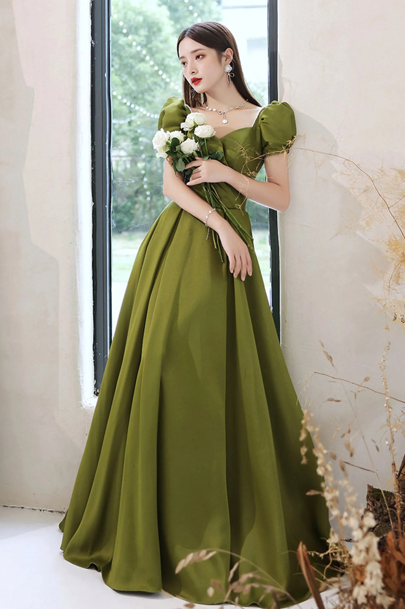 solvbao Green Saitn Long Prom Dresses, A-Line Evening Dresses - Deanwangkt