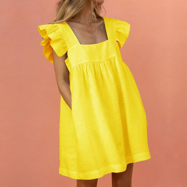 Women Ruffled Mini Dress Summer Cute Square Collar Pocket Dresses Elegant Butterfly Sleeve Beach Party Female Dresses Vestidos - Deanwangkt