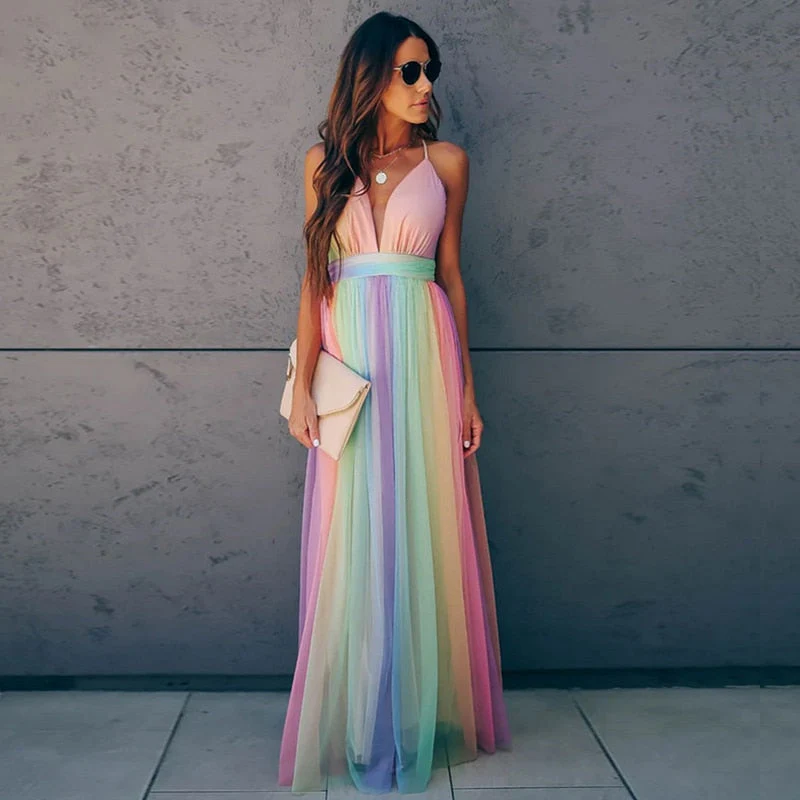 Sexy Long Dress Women Summer Clothes High Waist Sling Deep V-neck Rainbow Mesh Party Beach Dresses Women Streetwear Vestidos - Deanwangkt