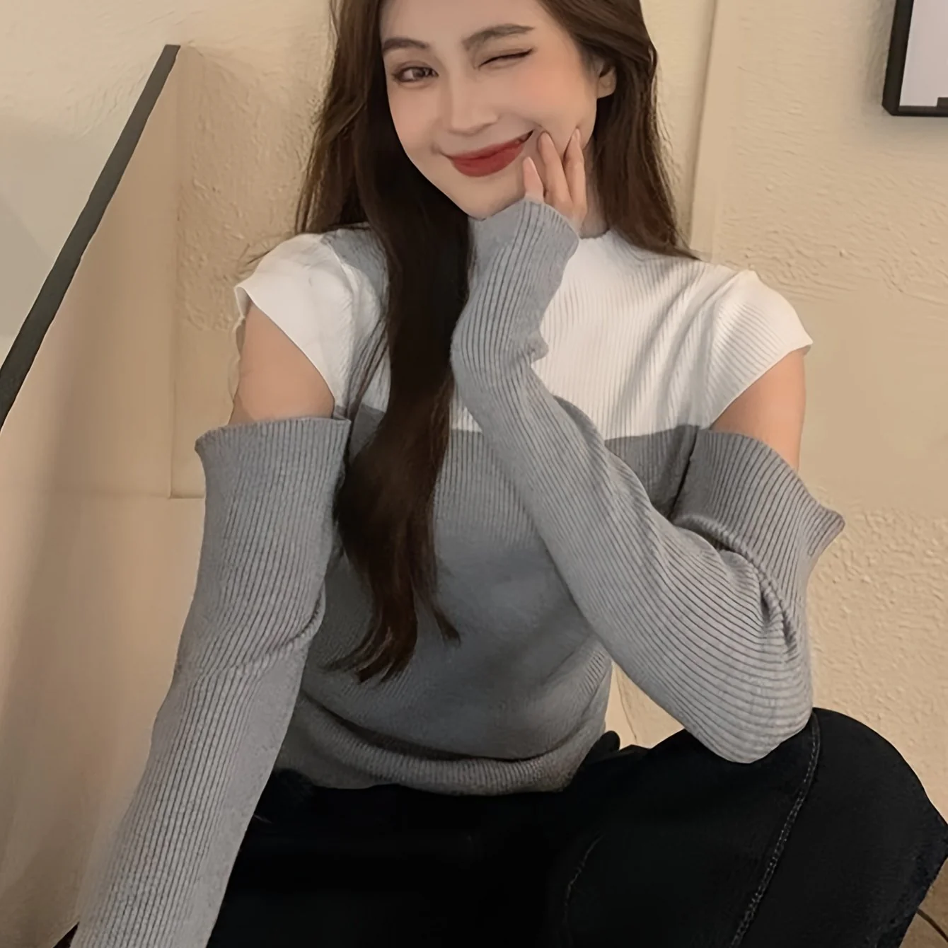 deanwangkt  Color Block Mock Neck Pullover Sweater, Casual Cold Shoulder Long Sleeve Stylish Sweater, Women's Clothing - Deanwangkt