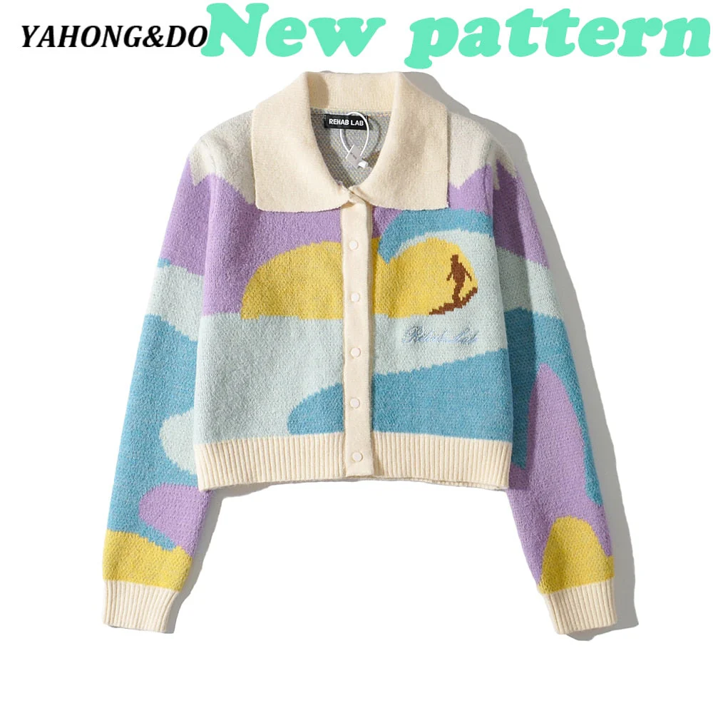 deanwangkt Women Winter Cardigans With Turn-Down Collar Seaside Scenery Print Long Sleeve Knitted Outwear Green Yellow Coat - Deanwangkt