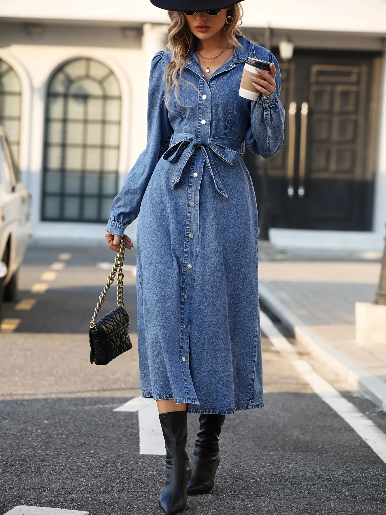 deanwangkt Blue Long Sleeves Denim Dress, Single Breasted Button With Waistband Lapel Denim Dress, Women's Denim Clothing - Deanwangkt