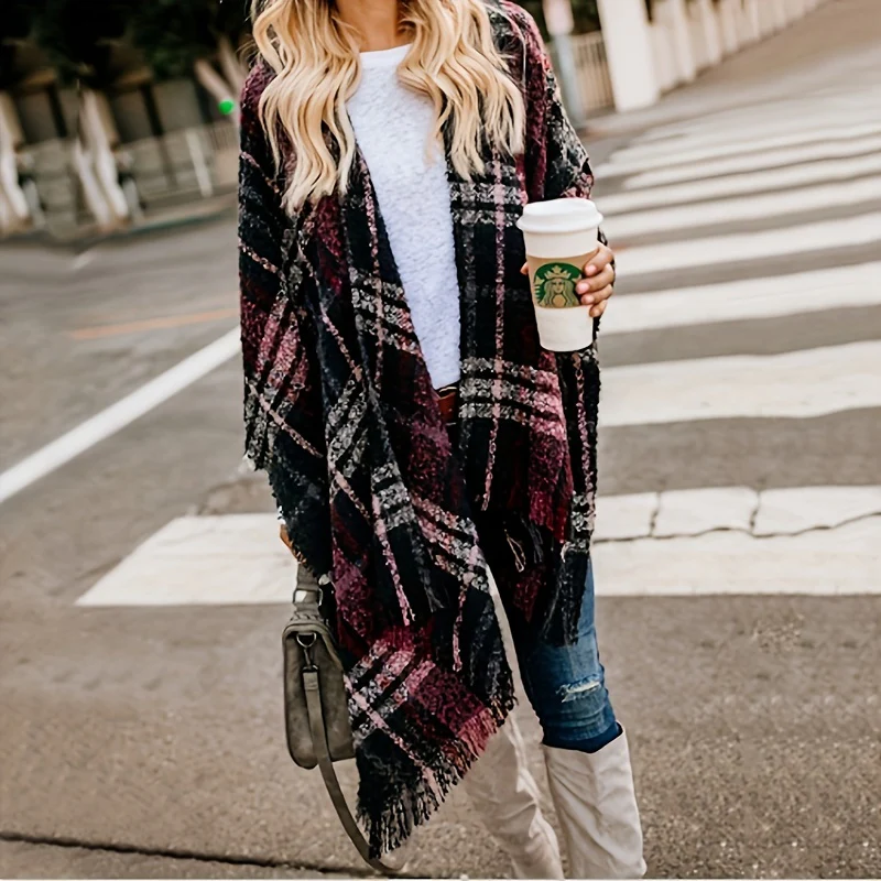 Classic Tartan Fringe Shawl Vintage Striped Plaid Open Front Poncho Capel Autumn Winter Travel Coldproof Knitted Cardigan Shawl - Deanwangkt