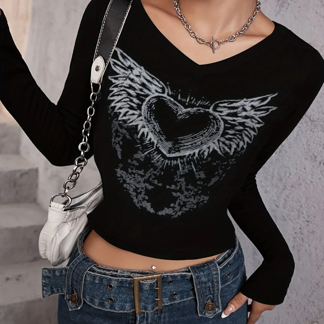 deanwangkt-1 Y2K Graphic V Neck Crop T-Shirt, Long Sleeve Skinny T-Shirt For Spring & Fall, Women's Clothing - Deanwangkt