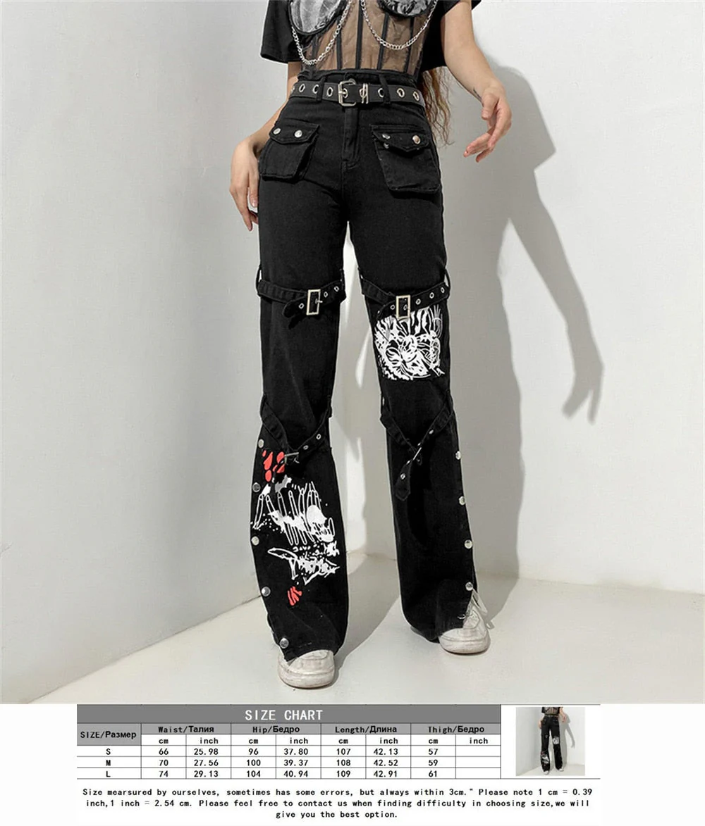 deanwangkt Emo Dark Cyber Y2k Pants Hippie Cargo Bodycon Gothic Punk Alt Baggy Jeans Rivets Black Women Goth Hip Hop Kpop Academia Pants - Deanwangkt