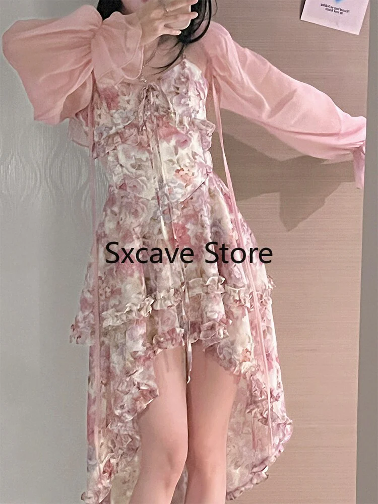 deanwangkt Piece Dress Set Women Boho Beach Sundress Office Lady Slim Elegant Floral Strap Dress Koran Fashion Suits + Blouse  Summer - Deanwangkt