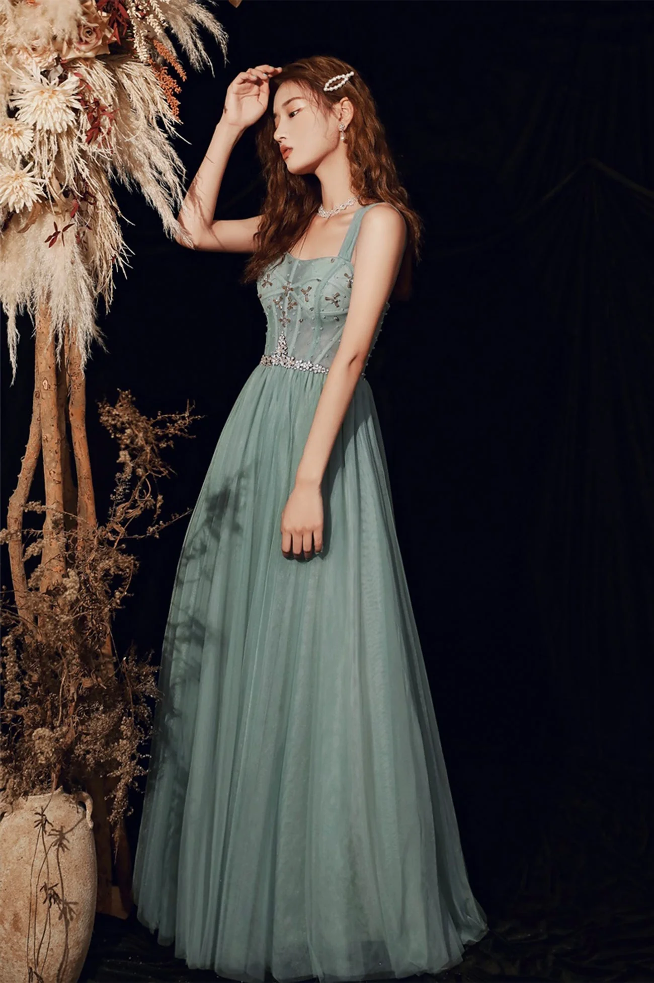 solvbao Beautiful Tulle Beaded Long Prom Dress,  A-Line Evening Dress - Deanwangkt