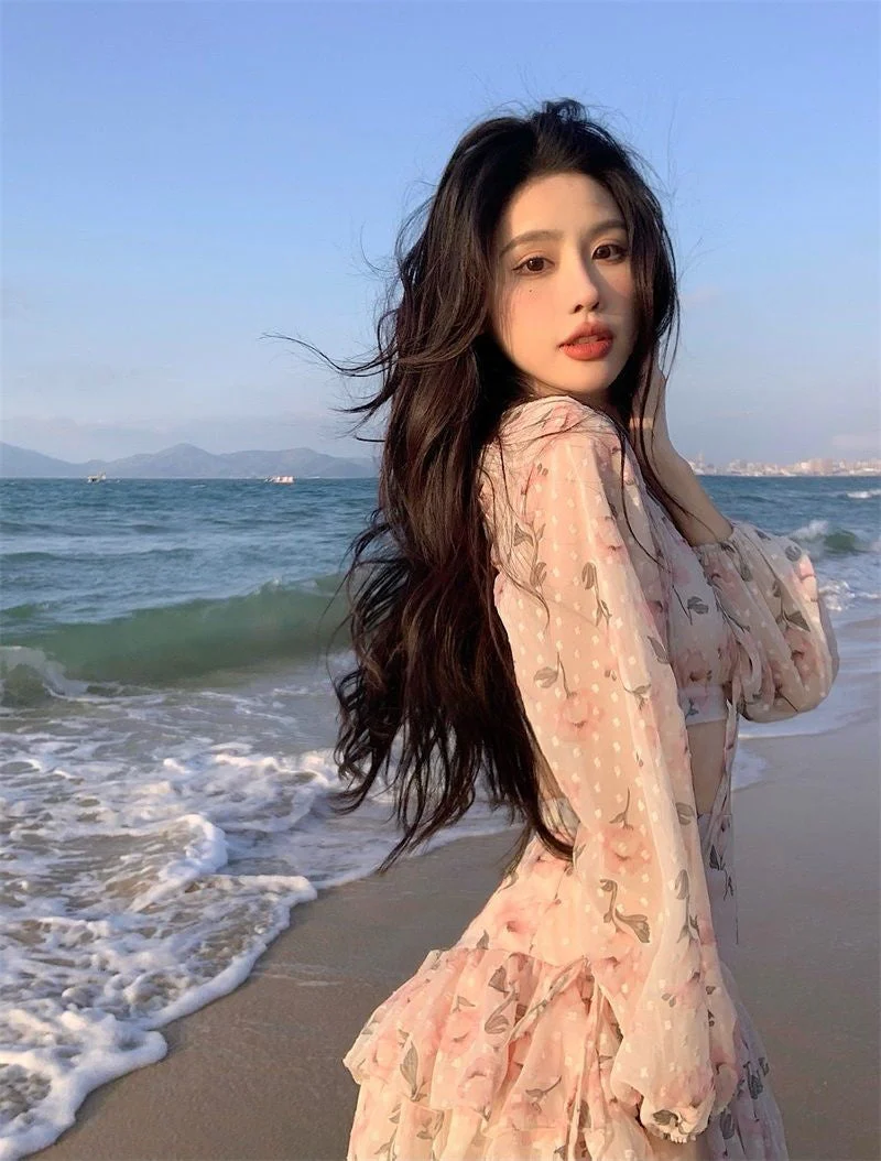 deanwangkt Spring Summer Sweet Two Piece Set Sexy Backless Shirt Crop Top + Cake Skirt Suits Floral Chiffon Boho Beach Outfits  Fairy Dress  For Women - Deanwangkt