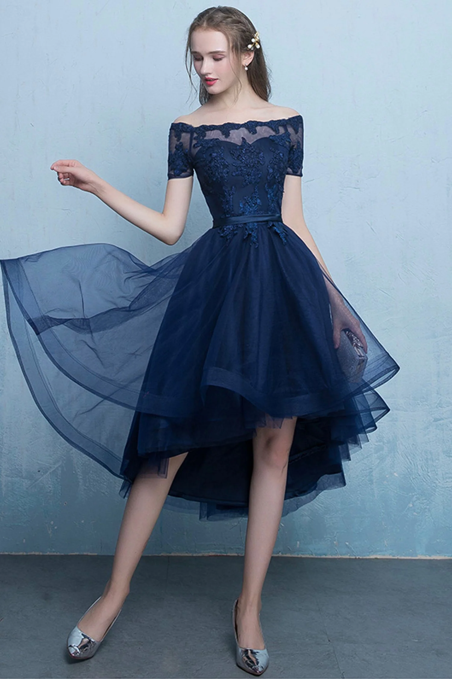 solvbao Blue Tulle Lace Short Prom Dress, High Low Evening Party Dress - Deanwangkt