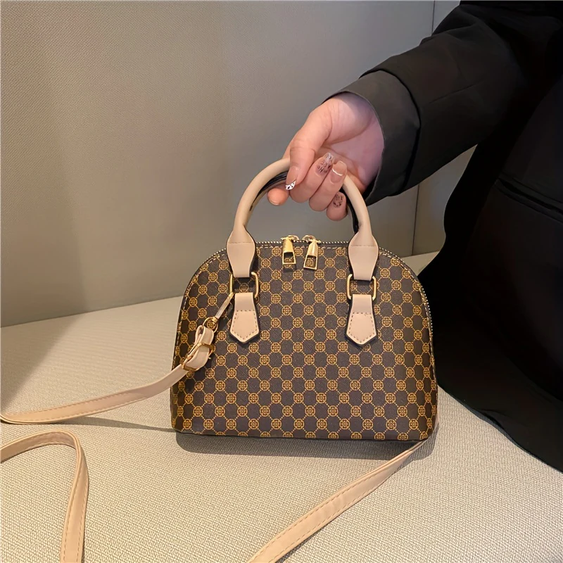 Vintage Geometric Pattern Shell Bag, Classic Zipper Textured Satchel Bag For Women - Deanwangkt