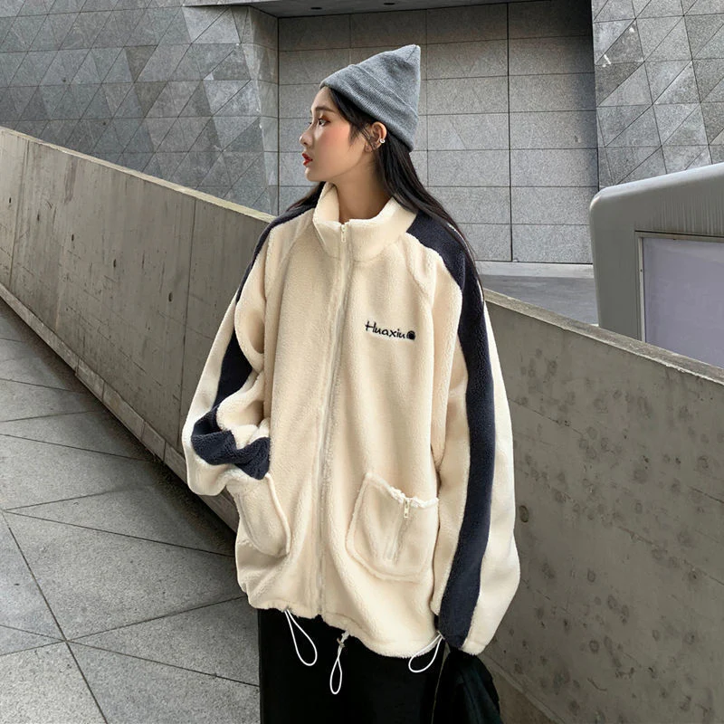 deanwangkt Oversize Women Hoodie Korean Fashion Autumn Winter Warm Harajuku Lamb Wool Zipper Hoodies Casual Thick Sweatshirt Loose - Deanwangkt