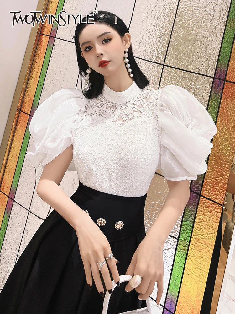 deanwangkt Elegant Lace Panel Shirt For Female Stand Collar Puff Sleeve Solid Minimalist Slim Pullover Blouses Female Clothing - Deanwangkt