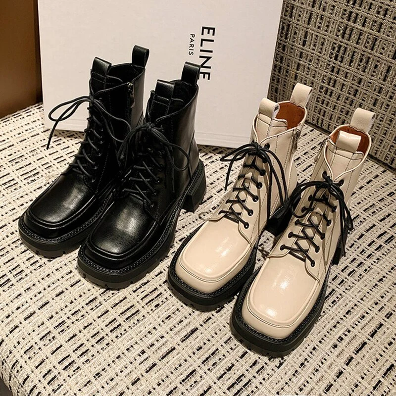 deanwangkt Autumn Boots   NEW Fall Shoes Women Split Leather Boots Square Toe Chunky Heel Women Boots Winter Solid Platform Boots for Women botas de mujer - Deanwangkt