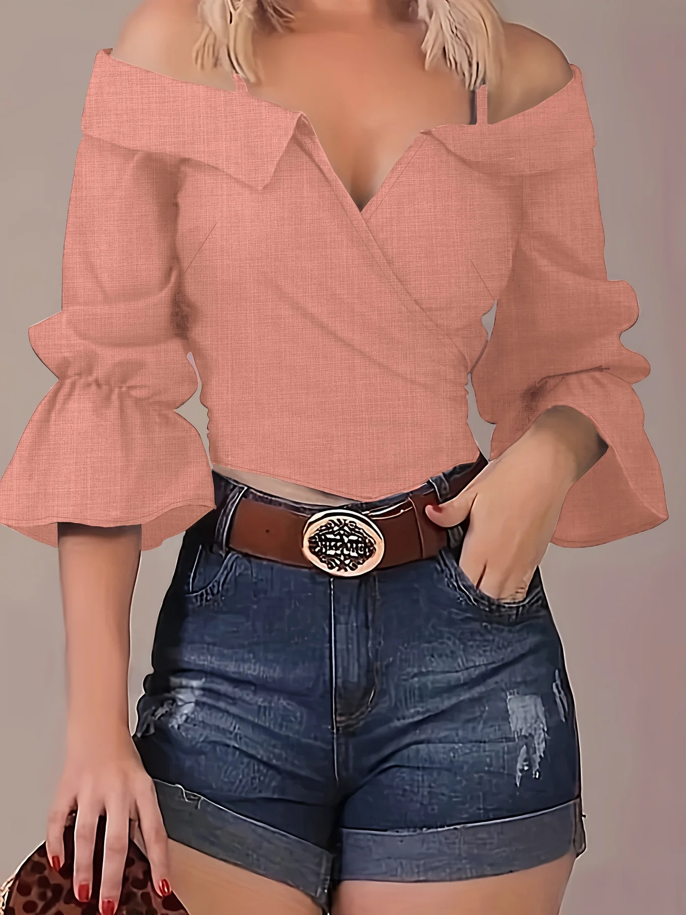 deanwangkt Solid Spaghetti Strap Blouse, Casual Bell Sleeve Surplice Neck Blouse, Women's Clothing - Deanwangkt