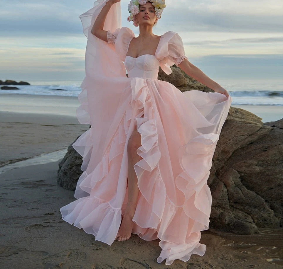 DEANWANGKT Baby Pink Organza Princess Prom Dresses  Short Puff Sleeves Ruffles High Slit A-Line Prom Gowns Formal Party Dresses - Deanwangkt