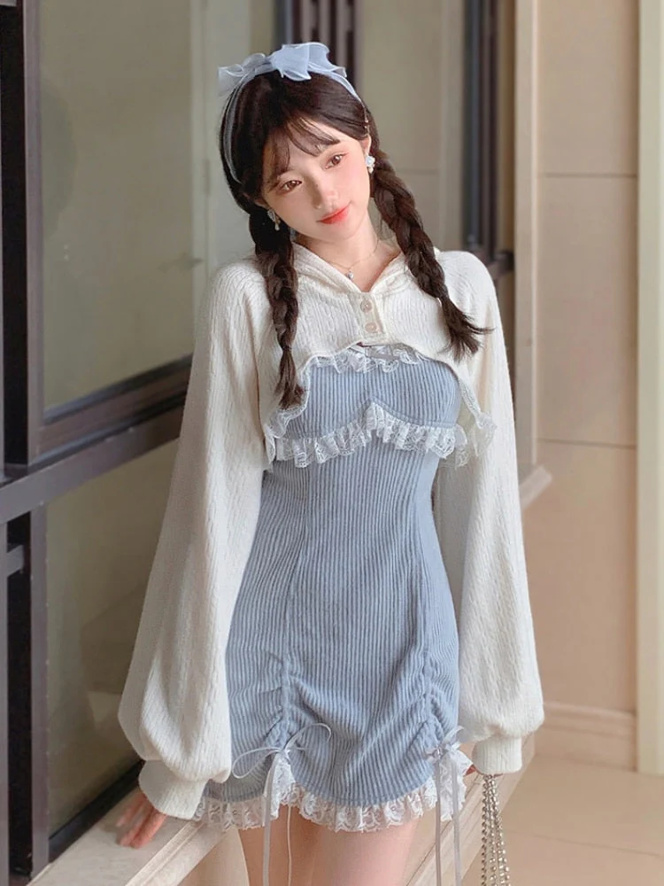 deanwangkt Lace Japanese Sweet Lolita Dress Women Bow Pink Kawaii Party Mini Dresses Female Blue Princess Korean Fashion Dresse Winter - Deanwangkt